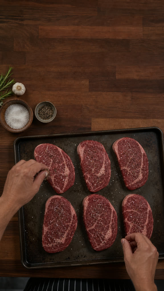 Seasoning a batch of steaks