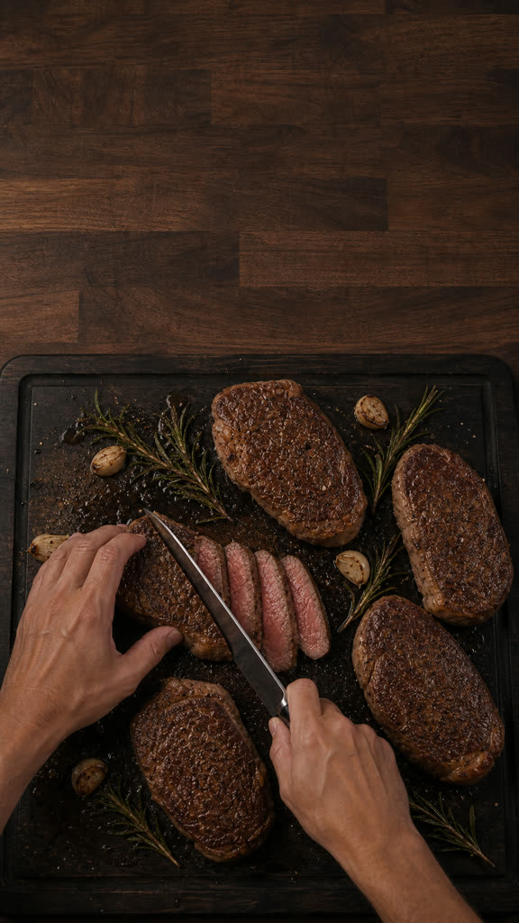 Resting and slicing the cooked steaks