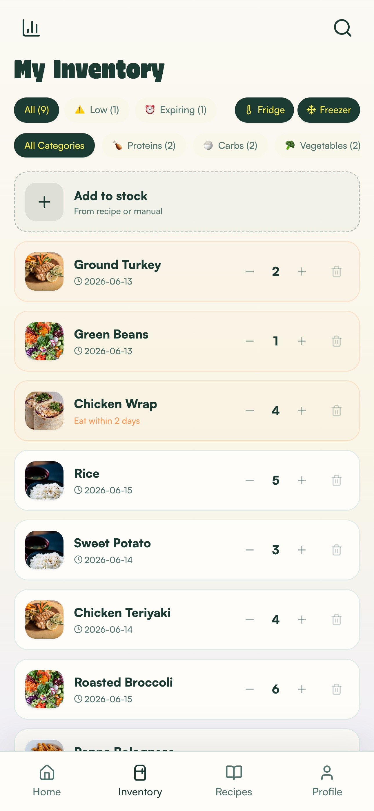 StockUp meal inventory screen